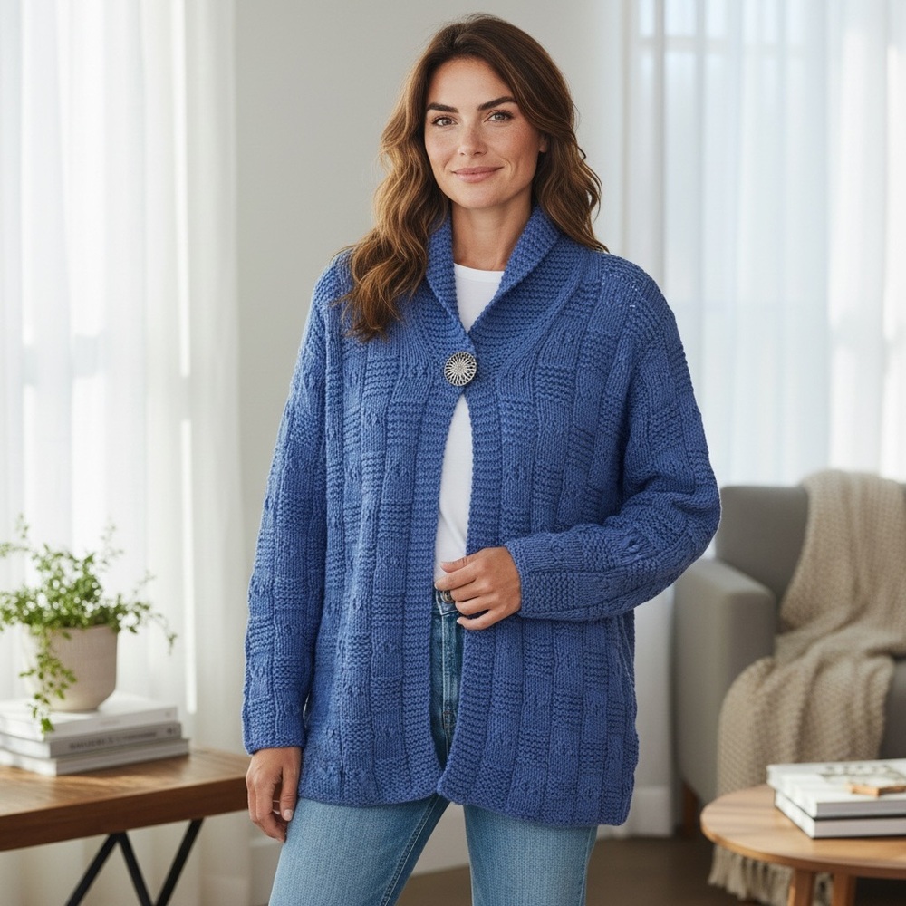 Handmade Irish Merino Wool Ocean Blue Cottage Cable Knit Oversized Sweater Sm